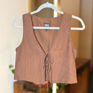 Zara Tan Sleeveless Tie-Front Crop Top